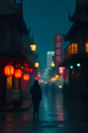 《旧唱片店》竖版封面，唱片架间狭窄过道与悬挂的唱片